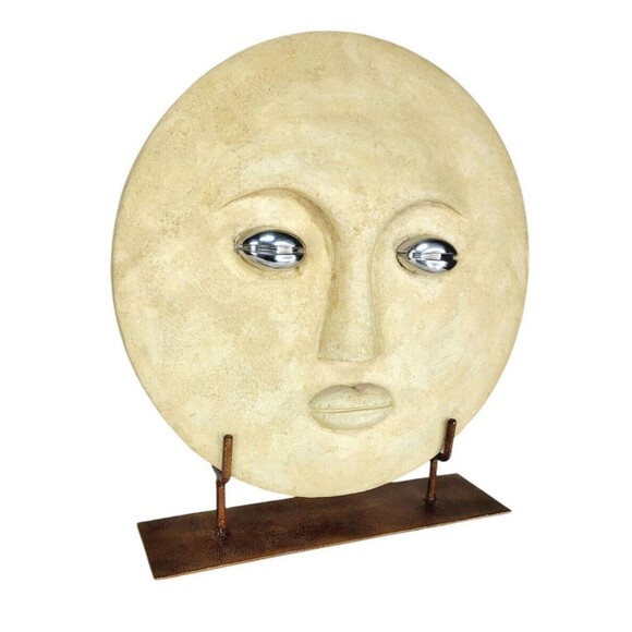 Vintage Moon Face Plaster Large Round Plaque Modernist Sculpture Art on Stand - Picture 3 of 7